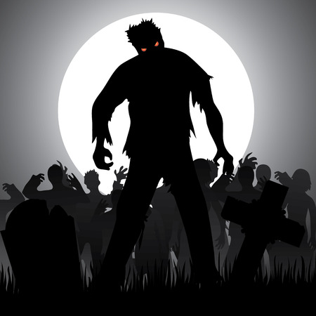 Halloween background with zombies, tombstones and the moon on the cemeteryのイラスト素材