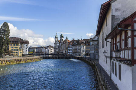 Cityscape of Lucerne with Jesuit church,Switzerland, Reuss riverの写真素材