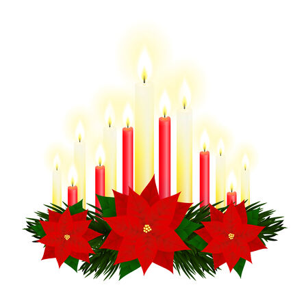 Christmas candles with poinsettia flowers and fir tree branchesのイラスト素材
