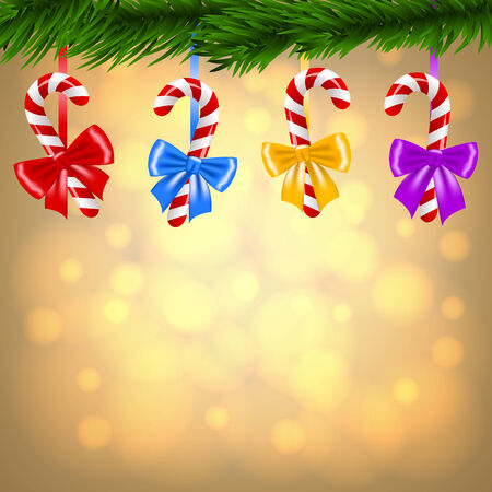 Christmas sugar canes hanging on branch of fir-treeのイラスト素材