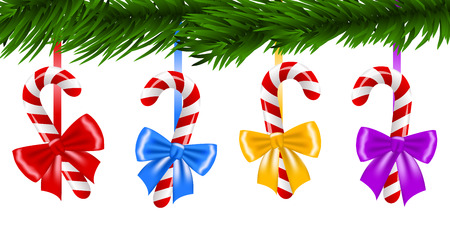 Christmas sugar canes hanging on branch of fir-treeのイラスト素材
