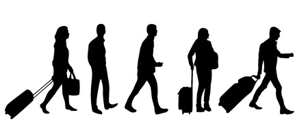 Silhouette of people with luggage walking in airportのイラスト素材