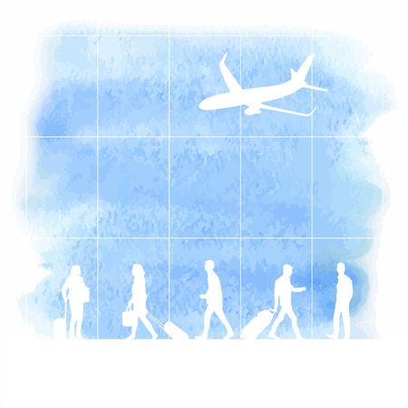 Silhouette of people with luggage walking in airport on blue watercolor backgroundのイラスト素材