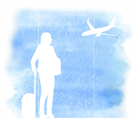 Silhouette of woman with luggage waiting in airportのイラスト素材