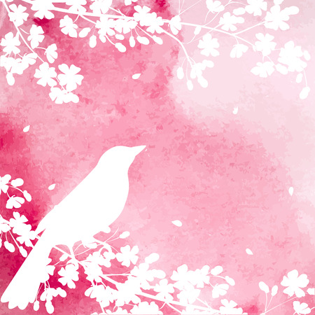 Spring watercolor pink background with blooming tree and birdsのイラスト素材