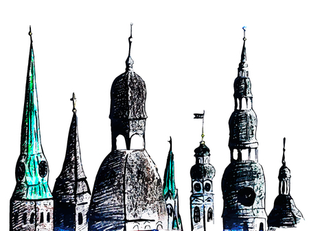Artistic hand-drawn sketch of towers, Riga, Latviaのイラスト素材