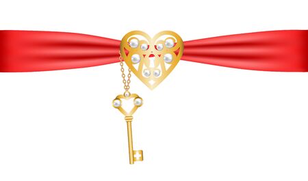 Golden lock shapped heart and key with red ribbonのイラスト素材