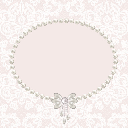 Wedding invitation or greeting card with pearl frame on lace backgroundのイラスト素材