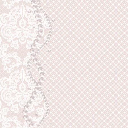 Wedding invitation or greeting card with pearl necklace on lace backgroundのイラスト素材
