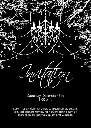 Trees branches with chandelier in night. Template for invitation cardのイラスト素材