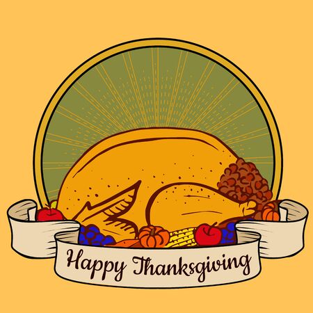 Happy Thanksgiving card with traditional food - turkey, fruits and vegetablesのイラスト素材