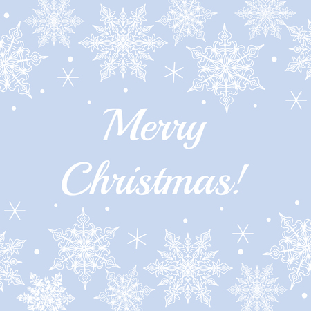 Christmas card with lace snowflakes pattern border on blue background with text Merry Christmasのイラスト素材