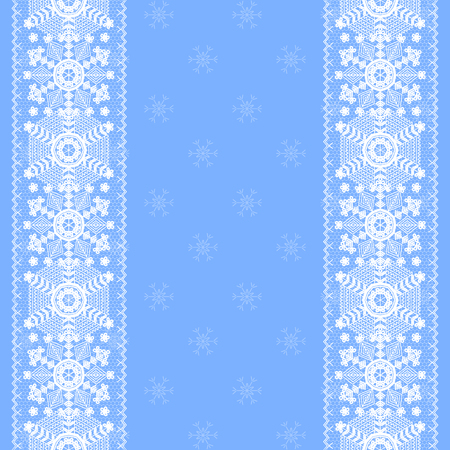 Christmas card with lace snowflakes pattern border on blue backgroundのイラスト素材