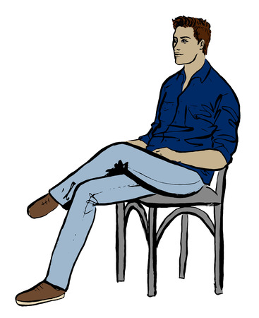 Fashion outline illustration of man sitting in cafe. Ink hand drawn sketch isolated on white. Clip artのイラスト素材