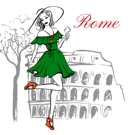 Fashion illustration of cheerful woman in hat with ice cream near Coliseum in Rome, Italy. Ink sketchのイラスト素材