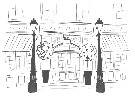 Entrance door of european boutique or restaurant. Street, front of building and lanterns. Ink outline sketch isolated on whiteのイラスト素材
