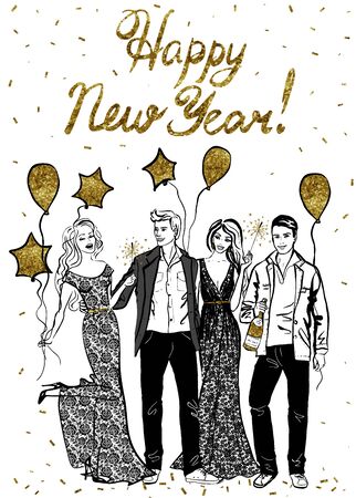 Happy New Year greeting card with happy celebrating people. Ink illustrationのイラスト素材