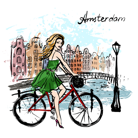 Artistic  sketch of woman driving bicycle on street of Amsterdam, Netherlandsのイラスト素材