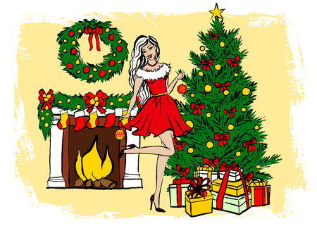 Young woman decorating Christmas tree. ink sketch. Greeting card templateのイラスト素材