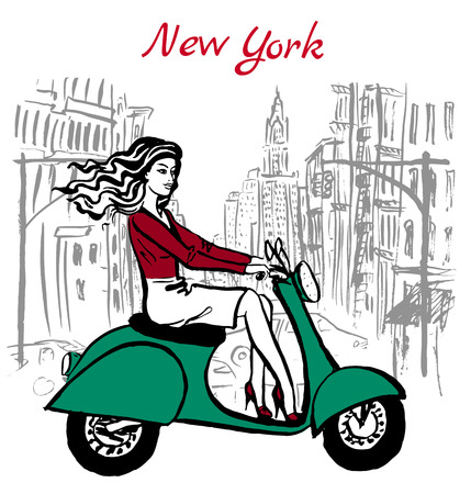 Artistic hand drawn sketch of woman driving scooter on street in New York, USAのイラスト素材