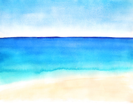 Watercolor hand-drawn landscape with sand beach and oceanの写真素材