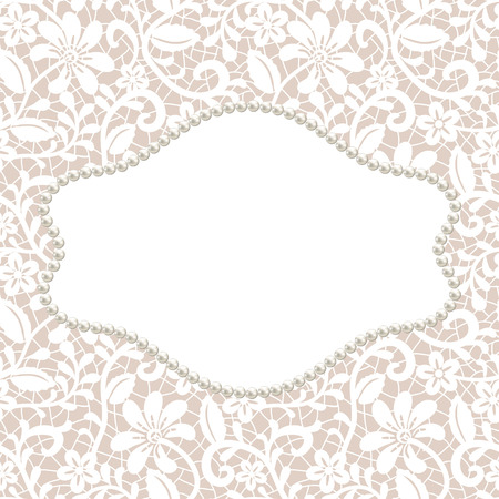 White lace with floral pattern and pearl frame on beige backgroundのイラスト素材