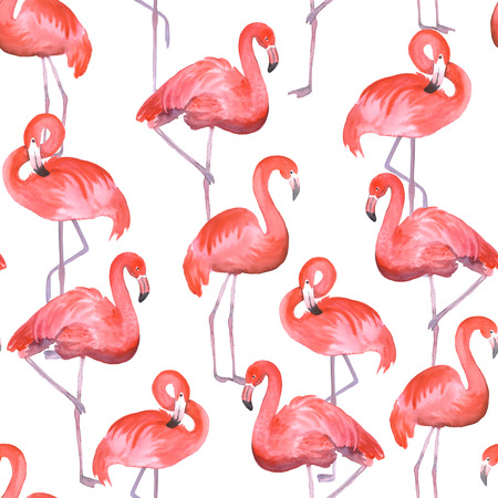 Seamless pattern with pink flamingo. Hand drawn watercolor paintingの写真素材