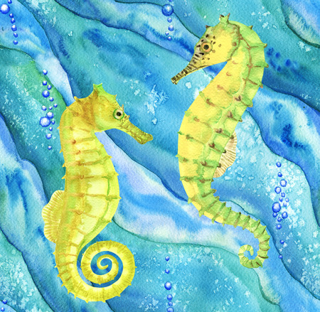 Seamless pattern with seahorses in ocean. Hand drawn watercolor illustrationの写真素材