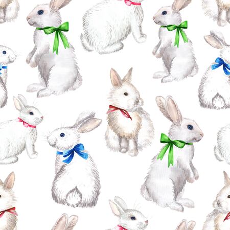 Seamless background with white rabbits on white background. Hand-drawn watercolor paintingの写真素材