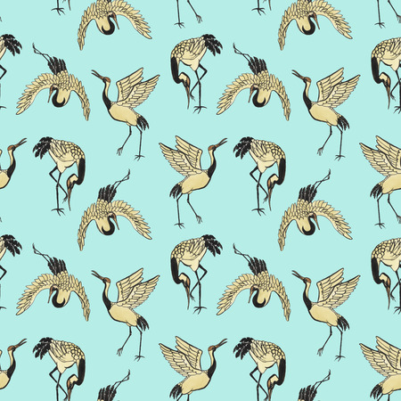 Seamless pattern with cranes hand-drawn with watercolor in eastern styleの写真素材