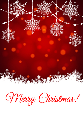 Christmas red shiny card with snowflakes and bokeh.のイラスト素材