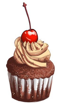 Chocolate cupcake with cream and cherry. Hand-drawn colorful sketch isolated on whiteのイラスト素材