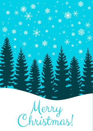 Christmas card with fir trees forest and snowfall on blue backgroundのイラスト素材