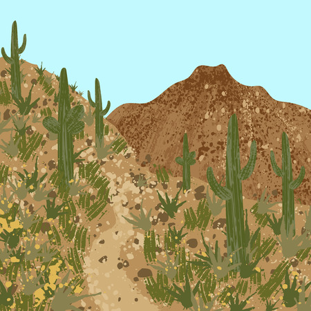 desert, cactus and mountainsのイラスト素材