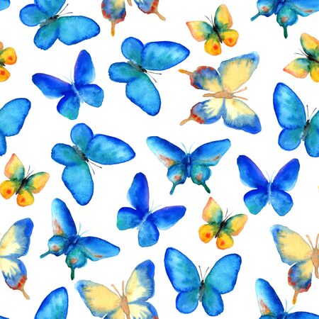 Seamless summer pattern with blue and yellow butterfliesの写真素材
