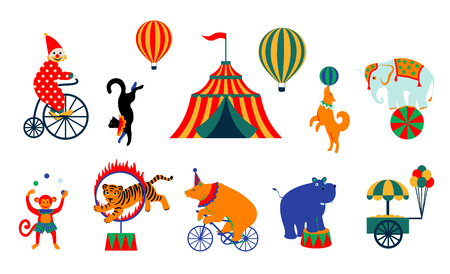 Illustration of circus tent, cute animals and clown graphic design.のイラスト素材