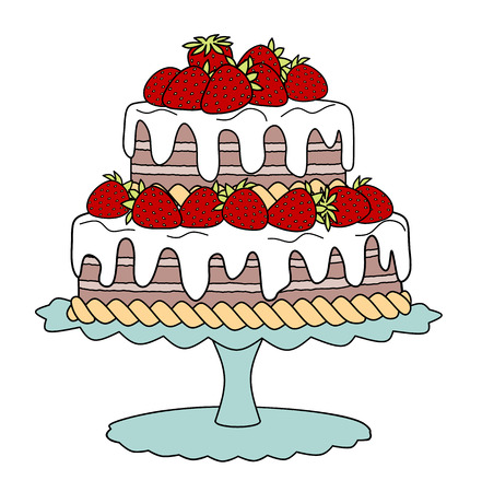 Chocolate cake with strawberries and cream on cake standのイラスト素材