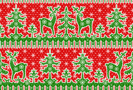 Seamless Christmas pattern. Lace red background wirh deer, fir trees and snowflakesのイラスト素材