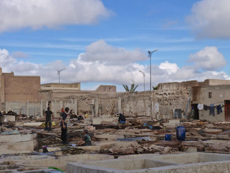 Tannery tanks and workers in Marrakech, Morocco. December 8, 2012のeditorial素材