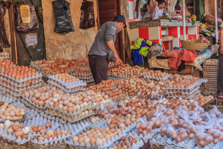 Fes, Morocco - May 11, 2013: Chicken eggs at the souk, Moroccan market in the medinaのeditorial素材