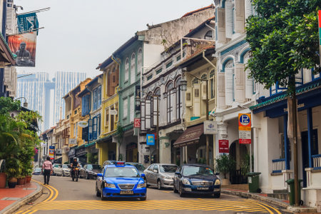 Singapore, Singapore - June 16, 2013: Famous Club street in Singapore with colonial houses. Smog in the air is caused by the burning of palm plantations in Indonesiaのeditorial素材