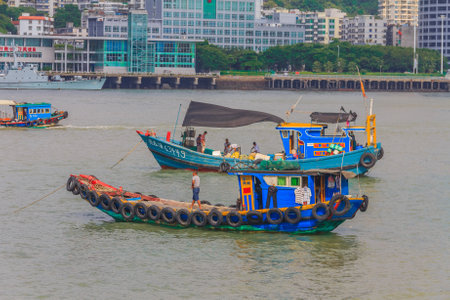 Gulangyu, China - September 14, 2013: Chinese fishing boats viewed from Gulangyu Islandのeditorial素材