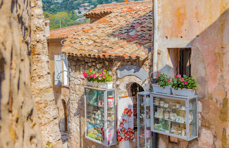 Old buildings and narrow streets in the picturesque medieval city of Eze Village in the South of...