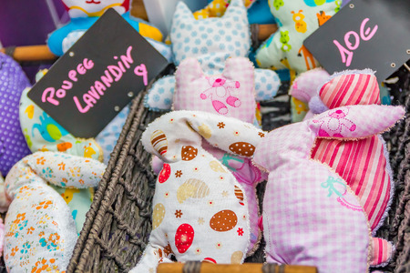 Rabbit shaped decorative sachets filled with lavender at market at a market in Eze Village, France