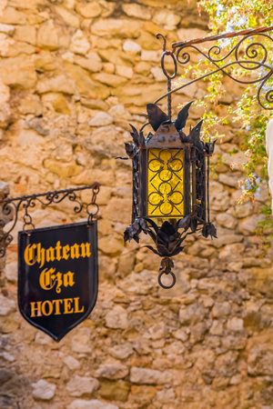 Eze, France - October, 08, 2016: Old street lamp in the picturesque medieval city of Eze Village in the South of France along the Mediterranean Seaのeditorial素材