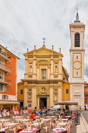 Nice, France - October 6, 2016: View onto famous Place Rossetti and Sainte Reparate Cathedral Basilique in Nice, French Rivieraのeditorial素材
