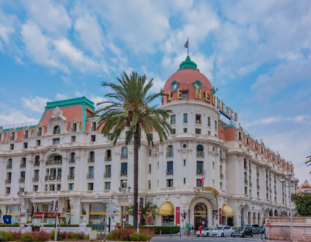 Nice, France - October 8, 2016: Nice citiscape with the hotel Negresco. Negresco is the famous luxury hotel on the Promenade des Anglais in Nice, baie des Anges, a symbol of the Cote d'Azur or the French Rivieraのeditorial素材