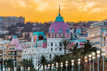 Nice, France - April 20, 2016: Nice citiscape with the hotel Negresco. Negresco is the famous luxury hotel on the Promenade des Anglais in Nice, baie des Anges, a symbol of the Cote d'Azur or the French Rivieraのeditorial素材