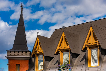Gothic building at Bellmansgatan 1 with penthouse apartment of Mikael Blomkvist, fictional character from book The Girl with the Dragon Tattoo by Swedish author Stieg Larsson in Stockholm Swedenの写真素材
