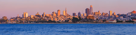 Panoramic view where the Palace of Fine Arts and the Salesforce Tower stand out with San Francisco Downtown in the background, viewed from Marina District in San Francisco, California, USA. Long exposureのeditorial素材